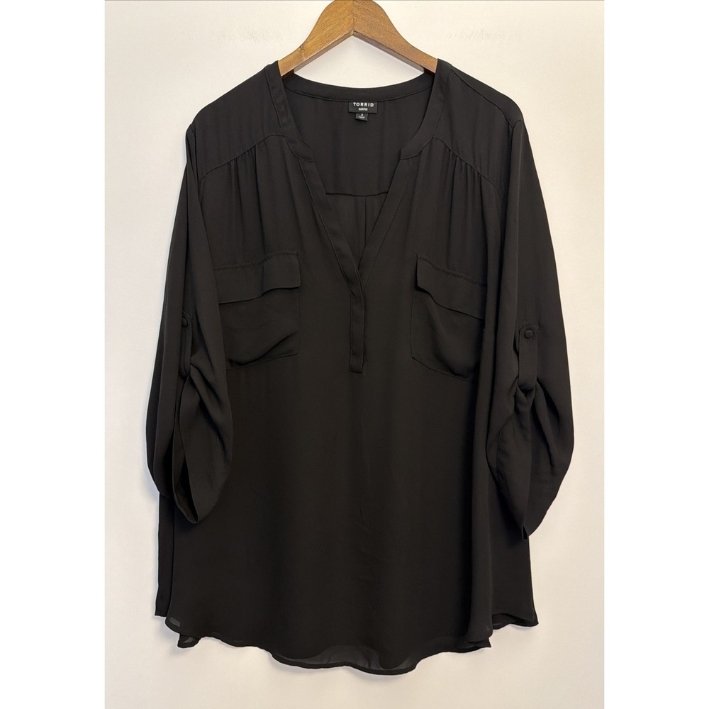 Torrid Harper Georgette V-Neck Popover Blouse Top Size 4X Black Roll-Tab Sleeves